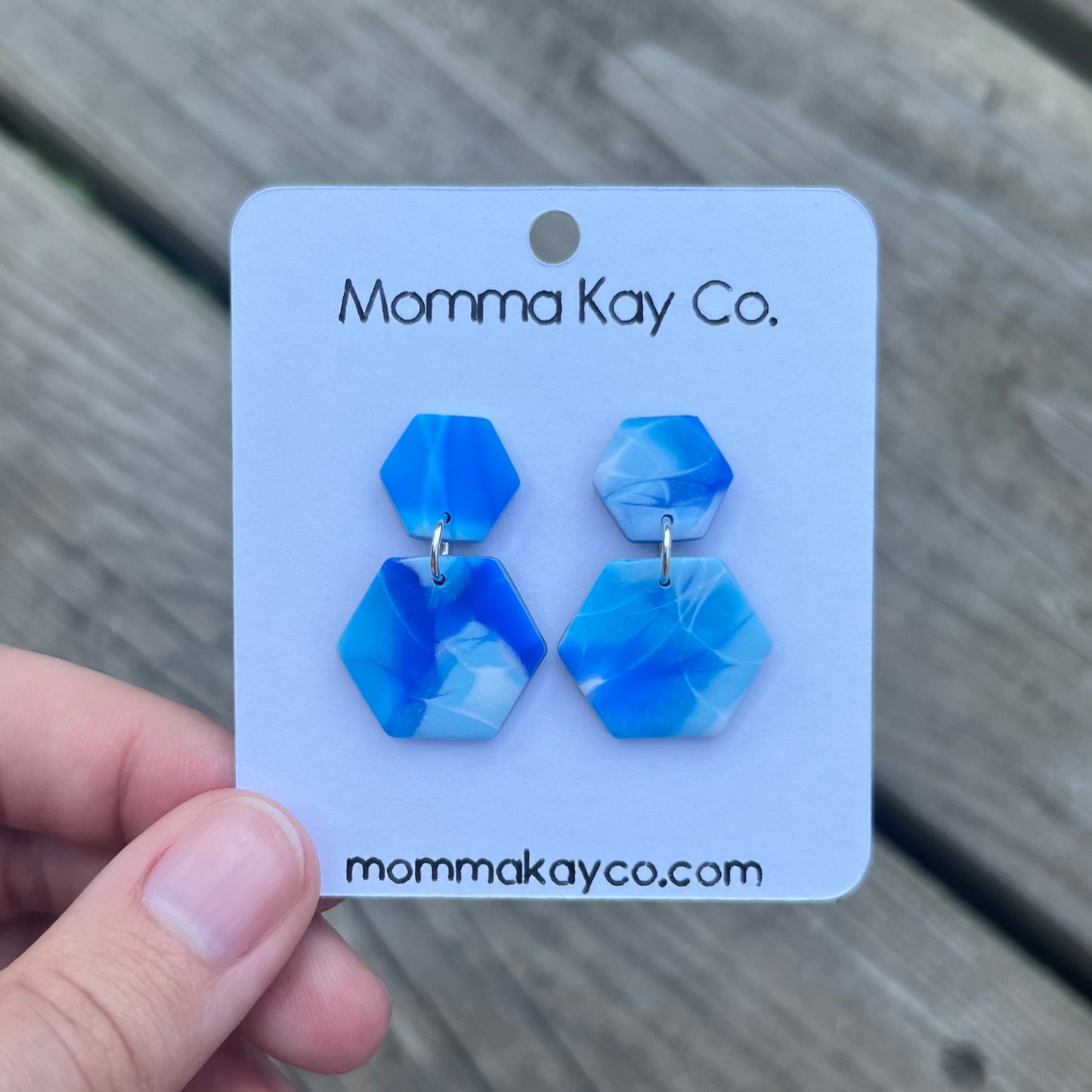 Blue And White Mokume Hex Dangles Polymer Clay Earrings