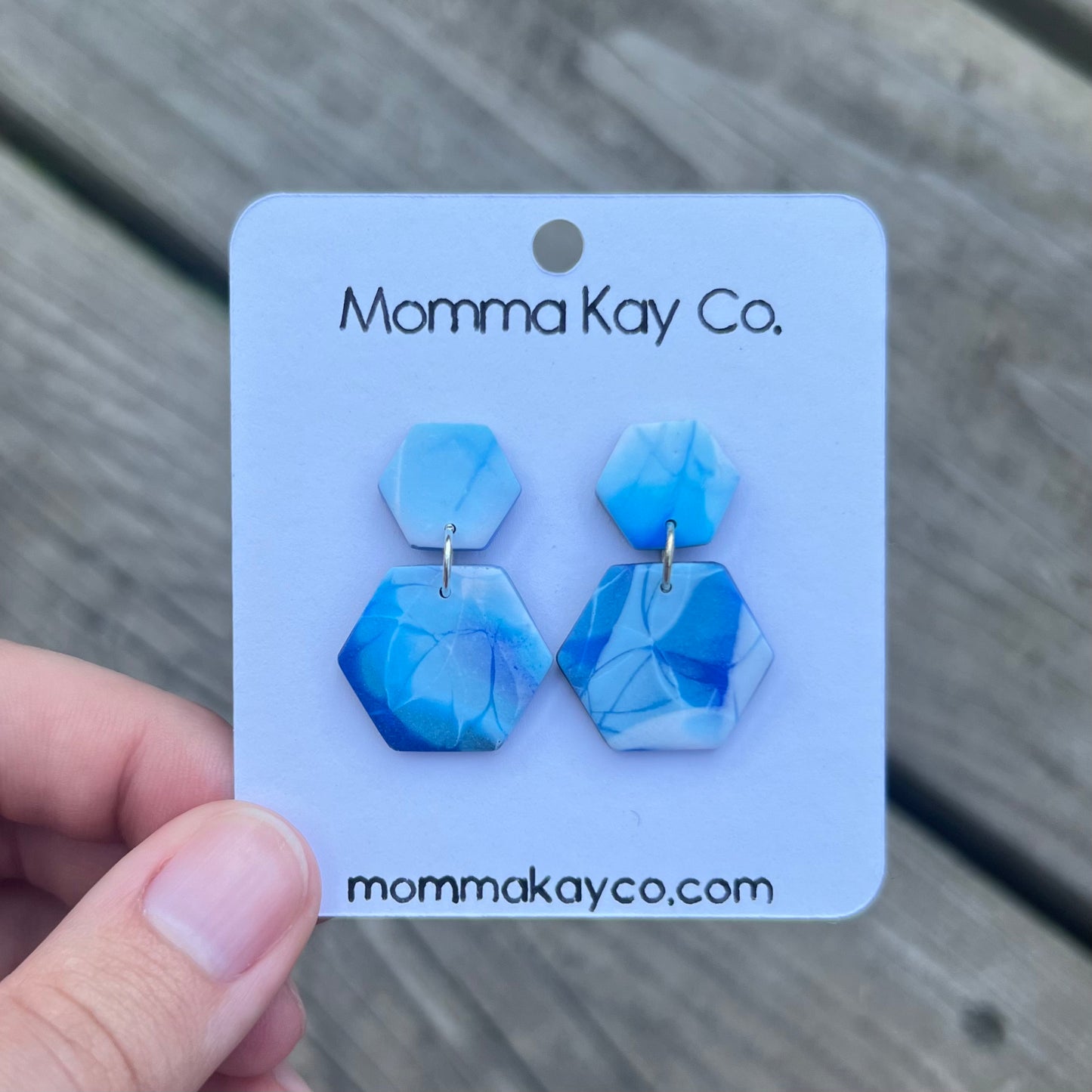 Blue And White Mokume Hex Dangles Polymer Clay Earrings
