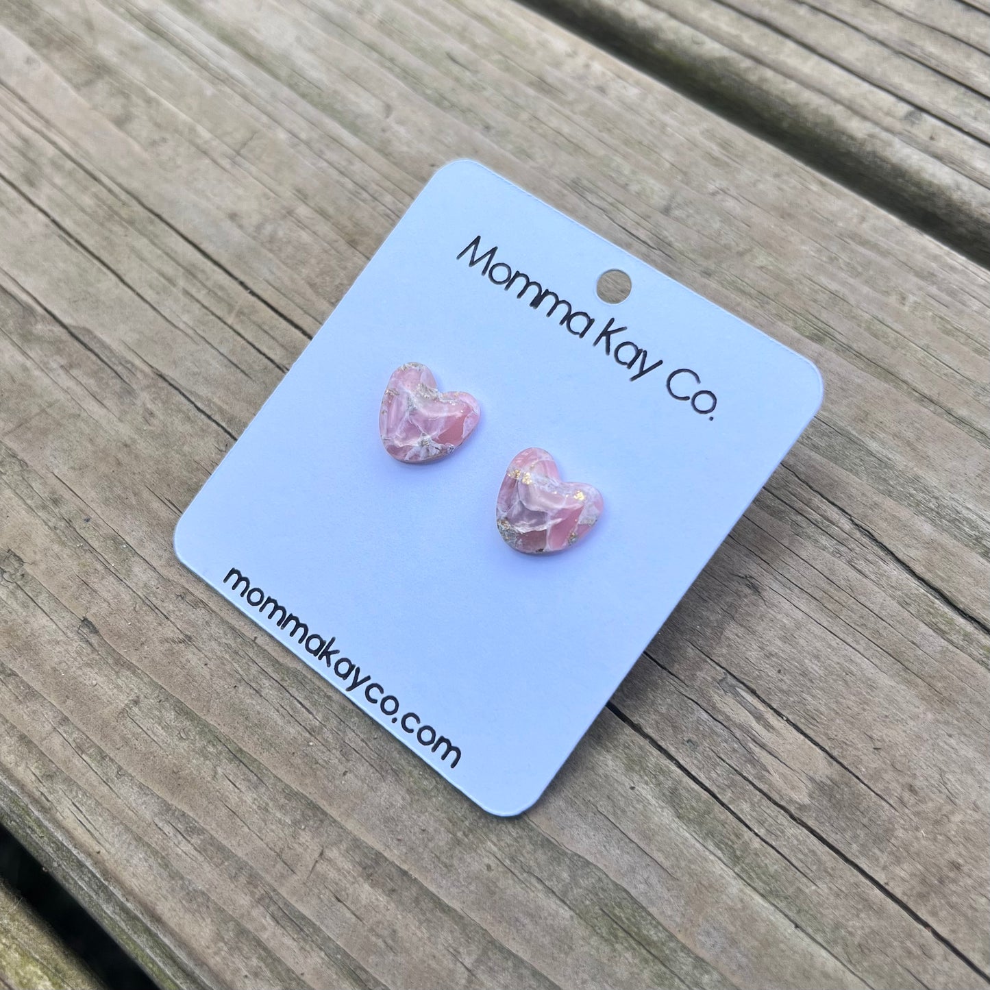 Pink Mica Marble Heart Studs Polymer Clay Earrings Style 1