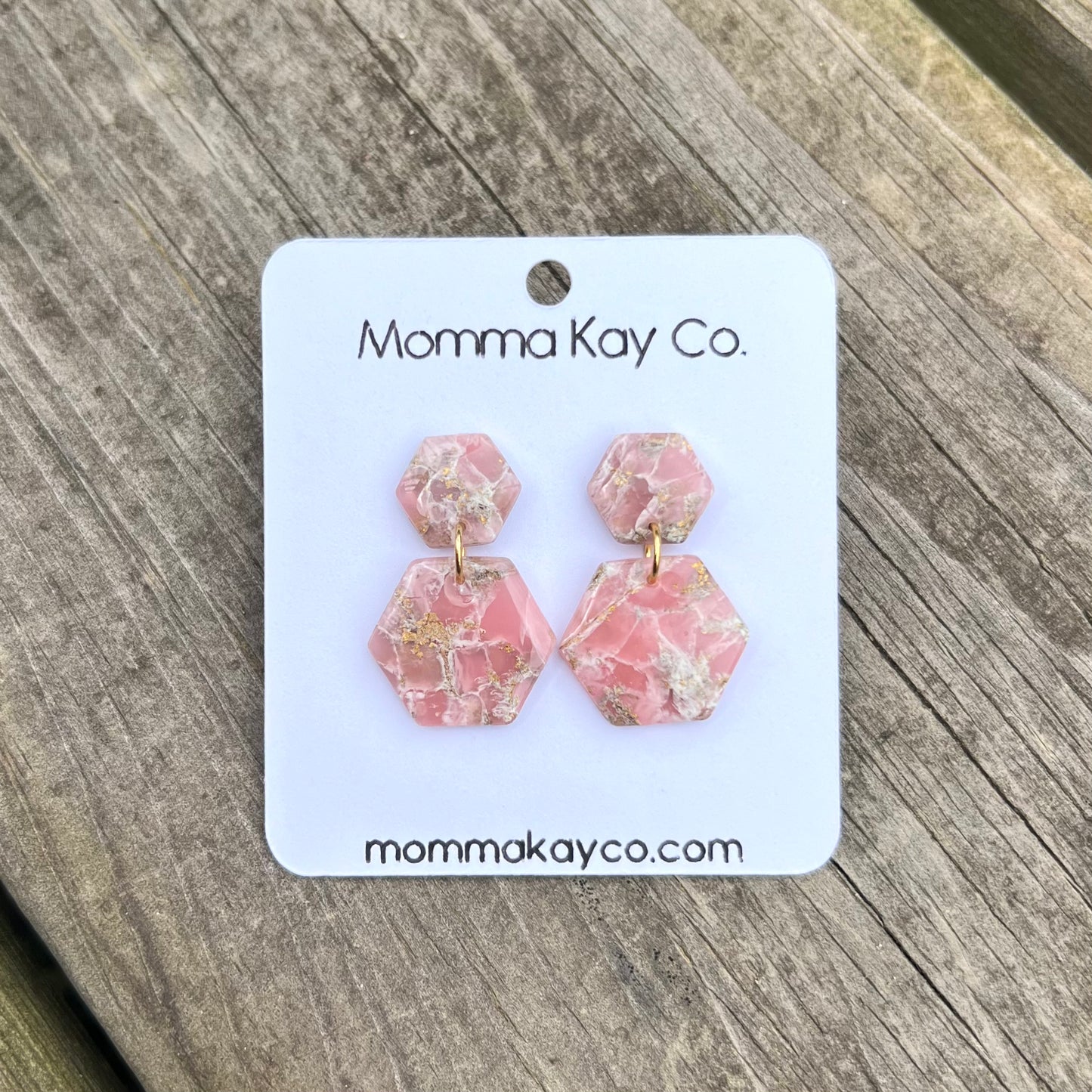 Pink Mica Marble Hex Dangle Polymer Clay Earrings