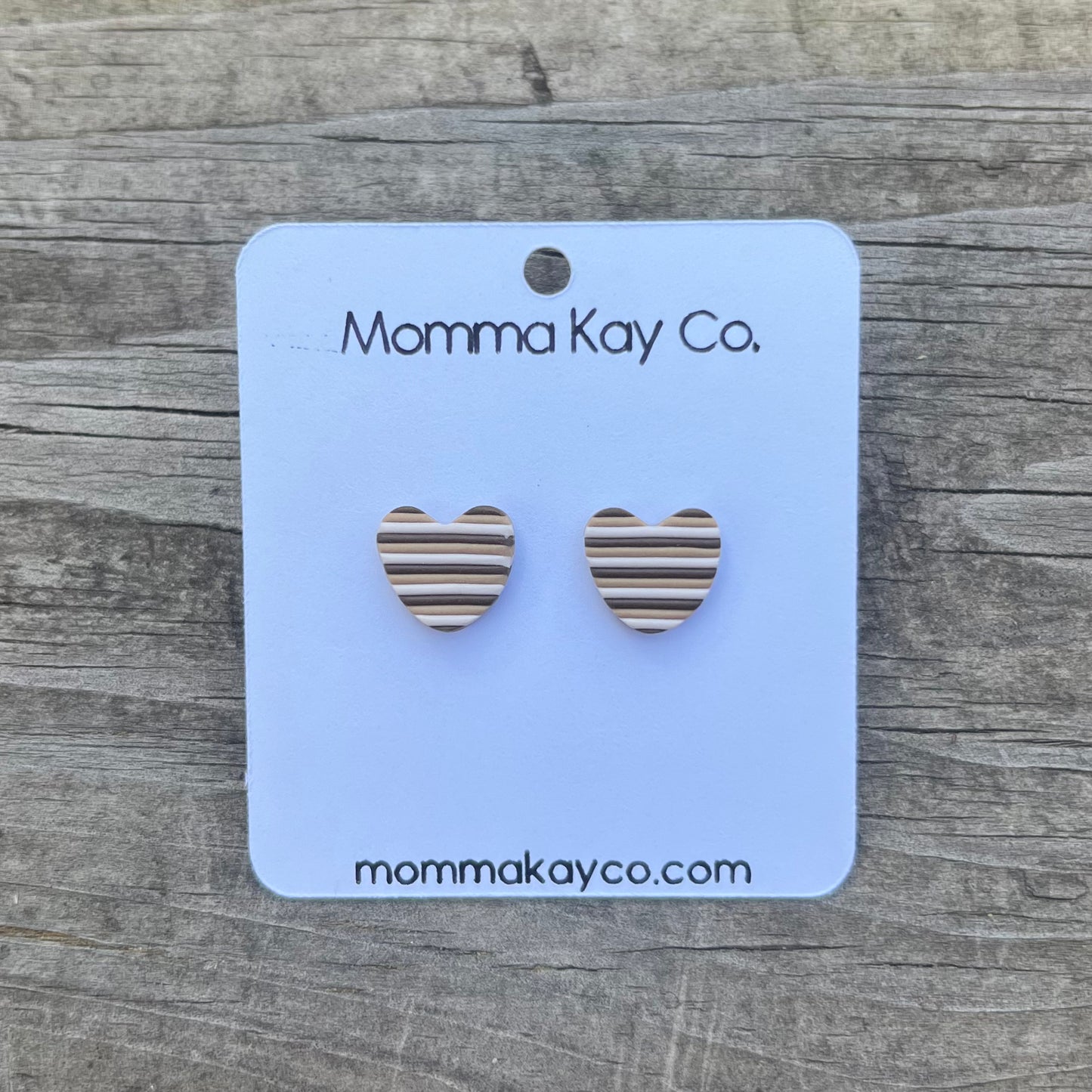 Neutral Fall Horizontal Stripes Heart Studs Polymer Clay Earrings
