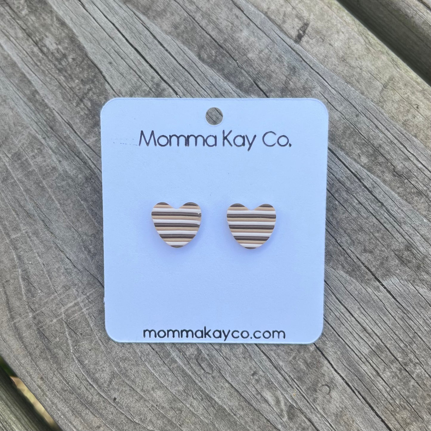 Neutral Fall Horizontal Stripes Heart Studs Polymer Clay Earrings