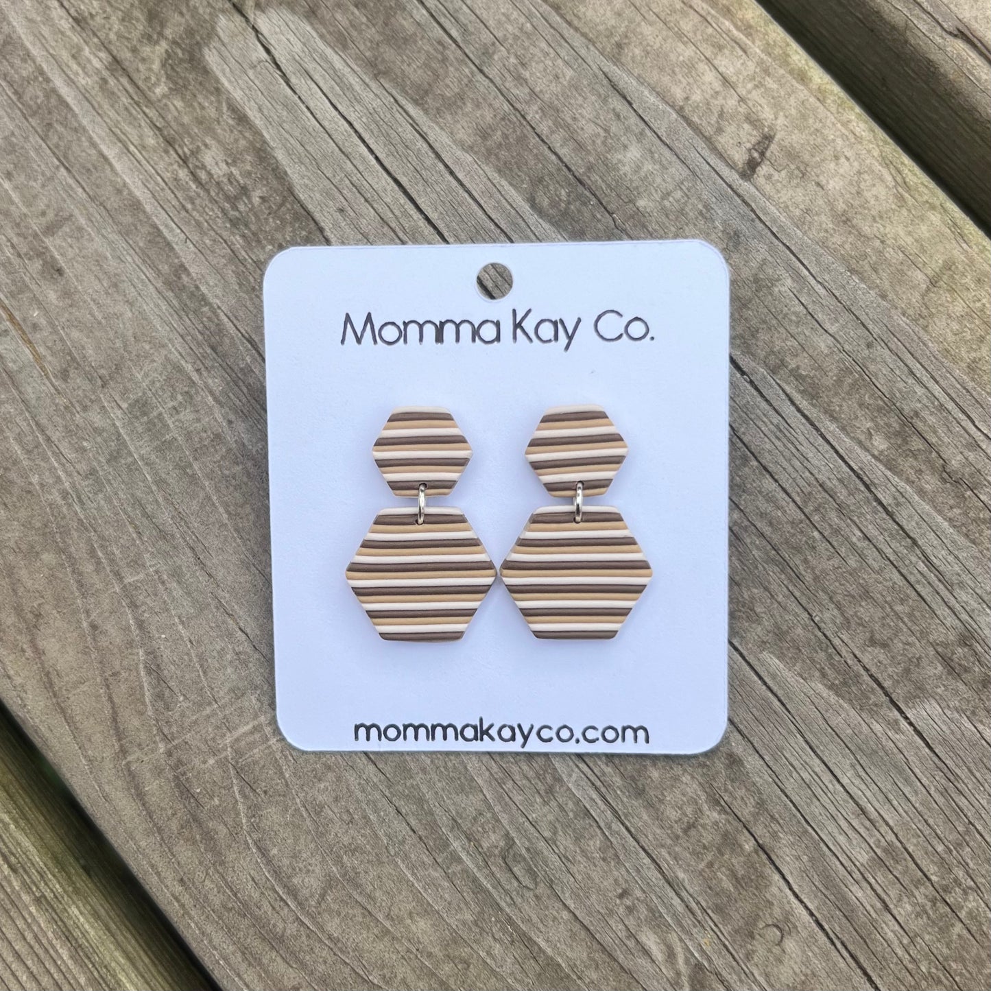 Neutral Fall Horizontal Stripes Hex Dangles Polymer Clay Earrings
