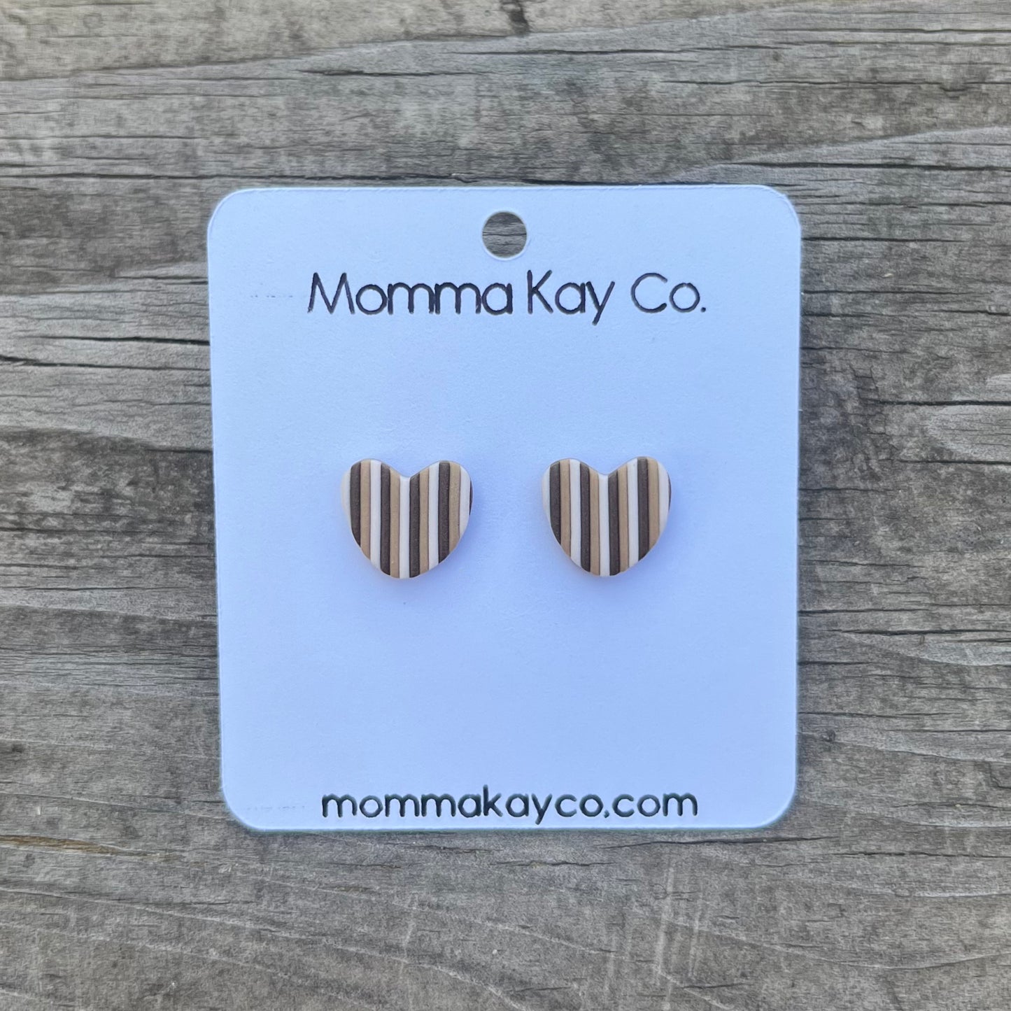 Neutral Fall Vertical Stripes Heart Studs Polymer Clay Earrings