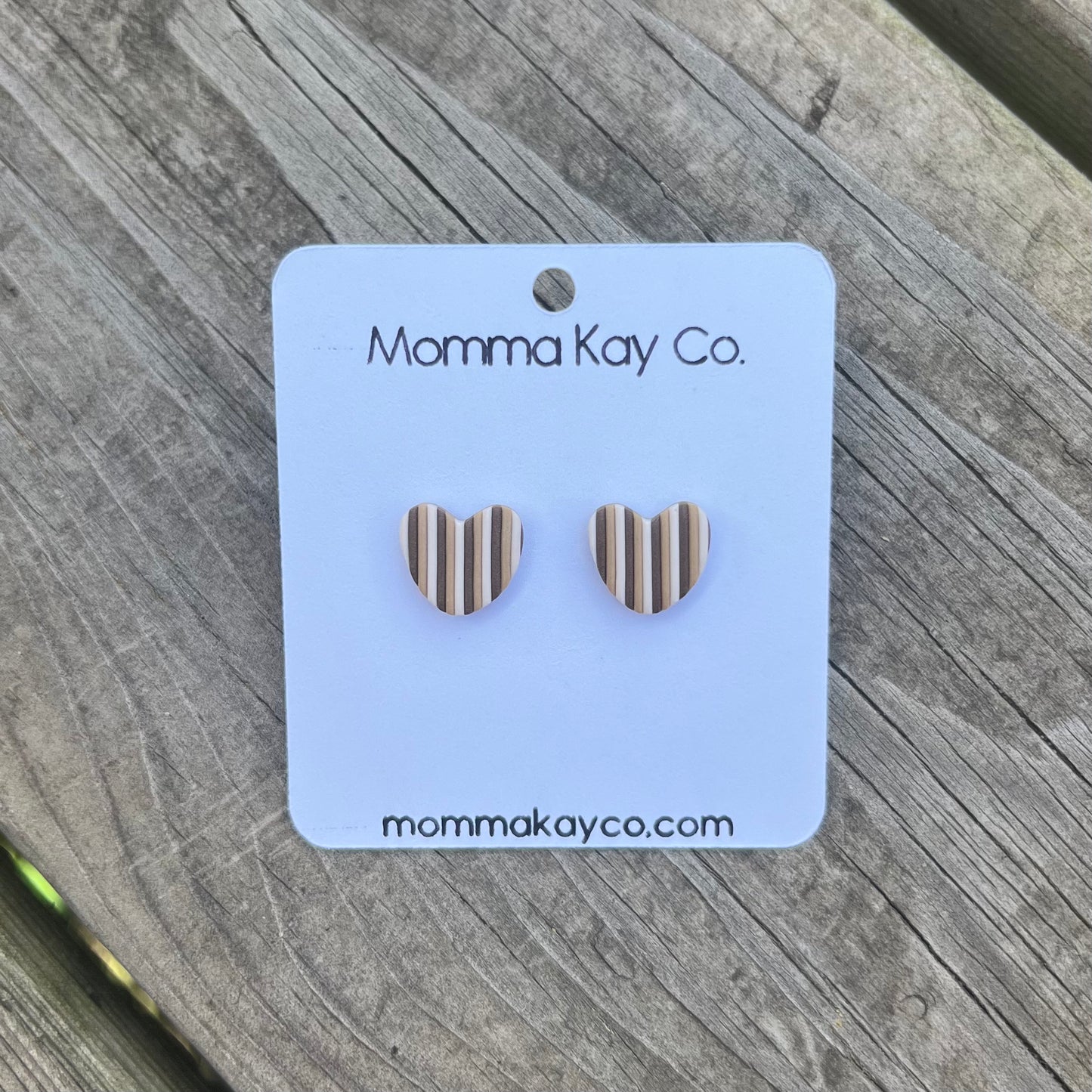 Neutral Fall Vertical Stripes Heart Studs Polymer Clay Earrings
