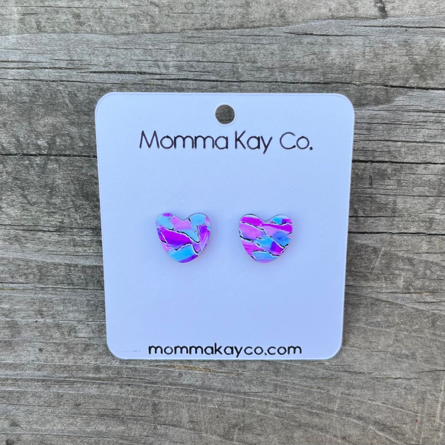 Watercolor Technique #7 Blue And Pink Heart Studs Polymer Clay Earrings