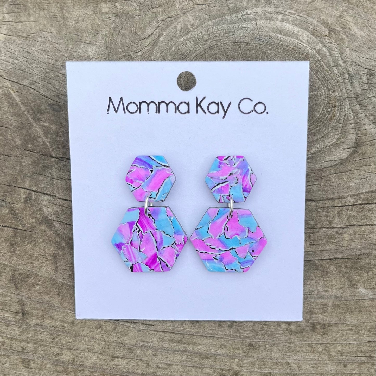 Watercolor Technique #7 Blue And Pink Hex Dangles Polymer Clay Earrings