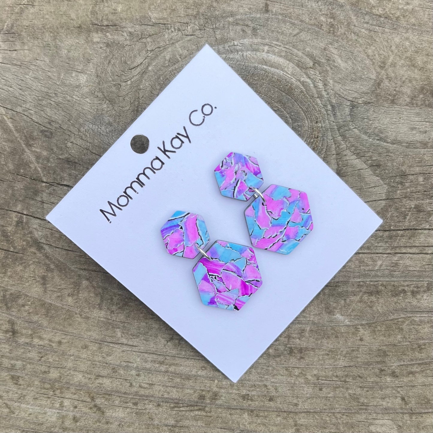 Watercolor Technique #7 Blue And Pink Hex Dangles Polymer Clay Earrings
