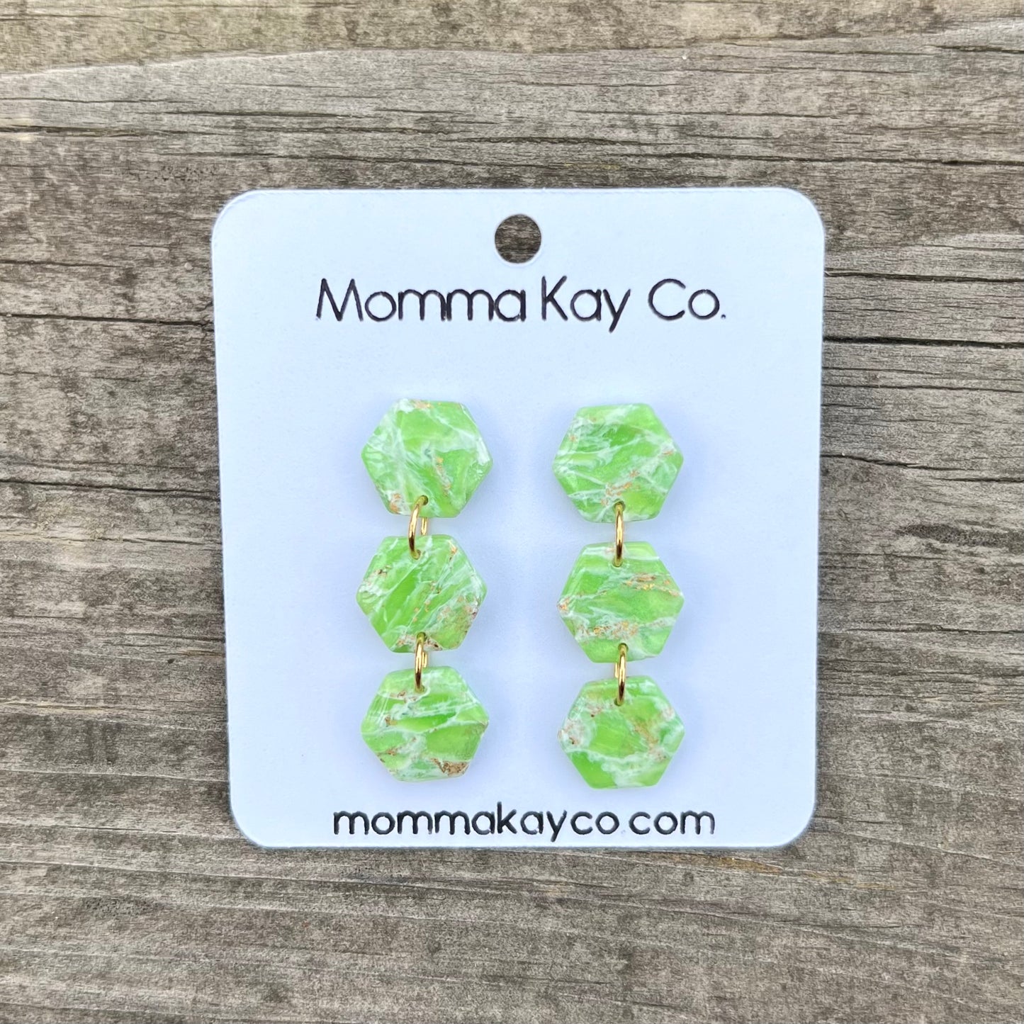 Green Mica Marble Triple Hex Dangle Polymer Clay Earrings
