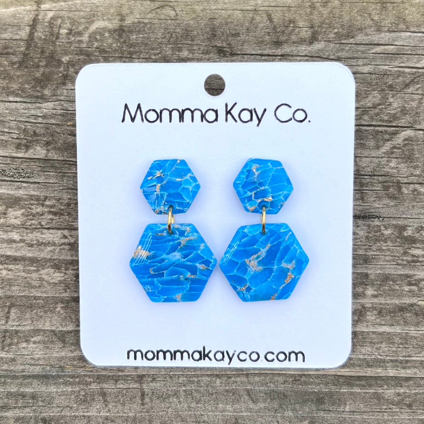 Blue Mica Marble Hex Dangle Polymer Clay Earrings