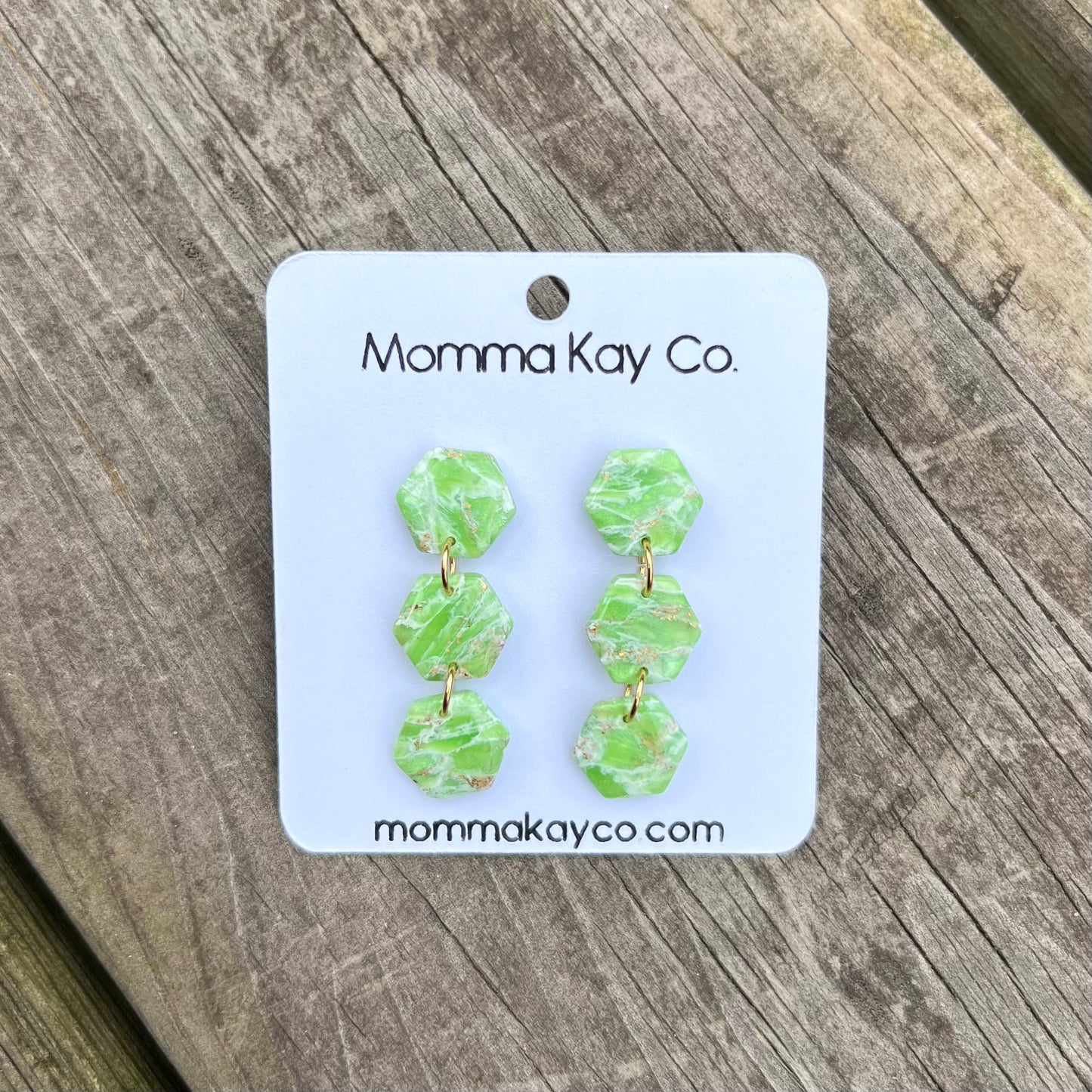 Green Mica Marble Triple Hex Dangle Polymer Clay Earrings