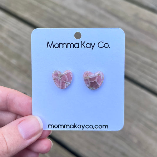 Pink Mica Marble Heart Studs Polymer Clay Earrings Style 1