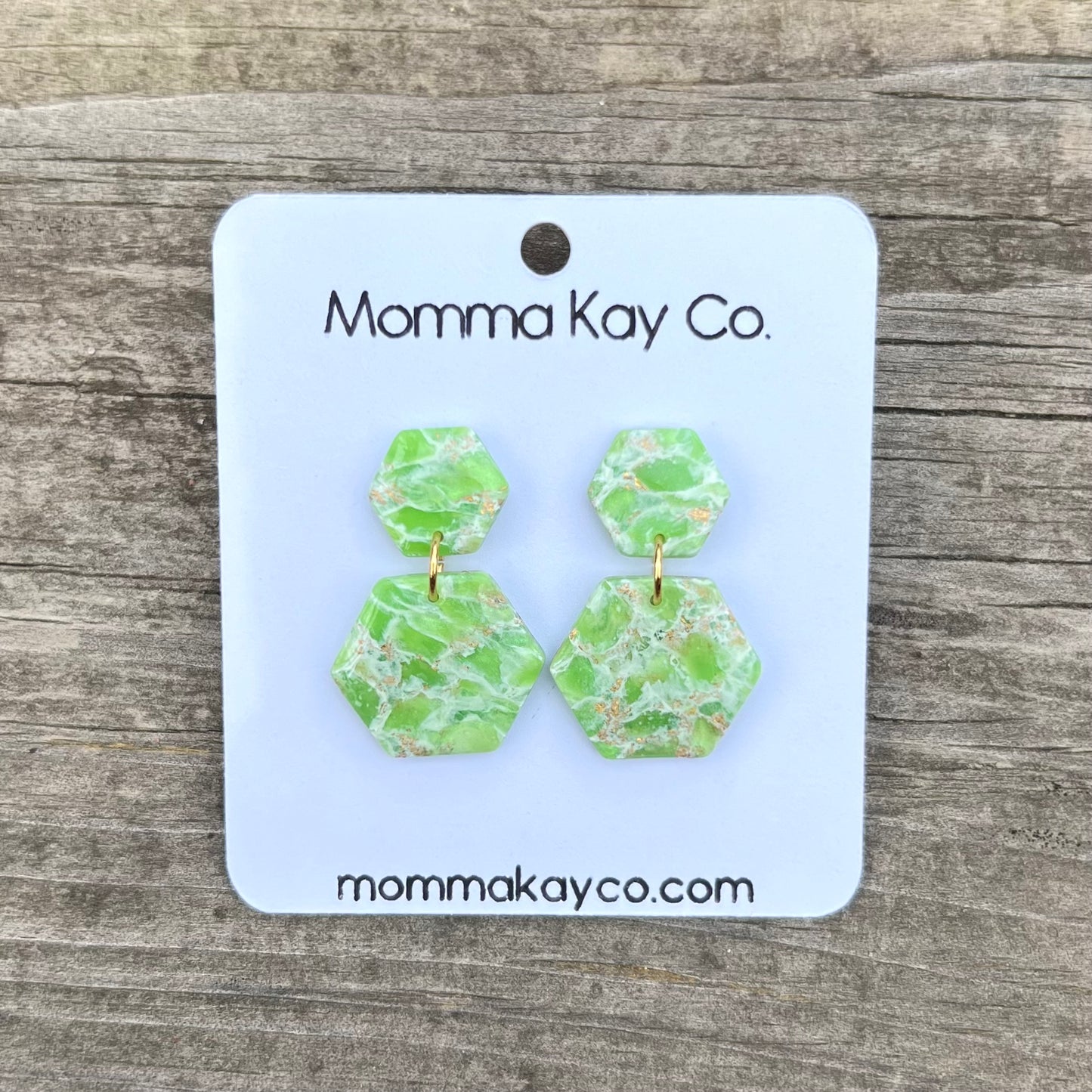 Green Mica Marble Hex Dangles Polymer Clay Earrings