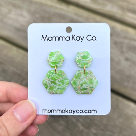 Green Mica Marble Hex Dangles Polymer Clay Earrings