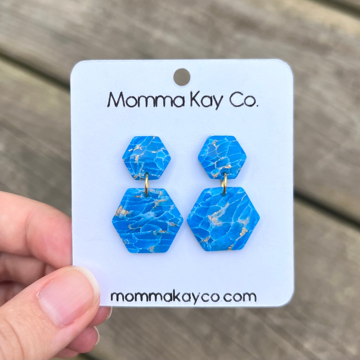 Blue Mica Marble Hex Dangle Polymer Clay Earrings