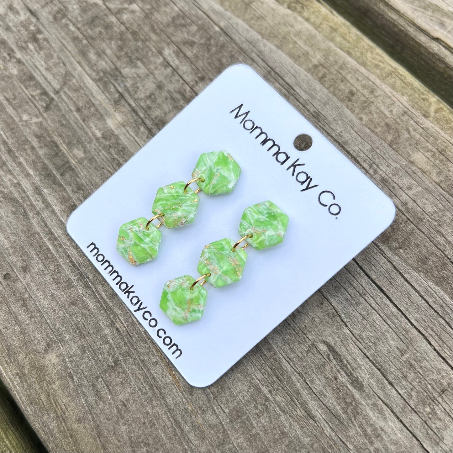 Green Mica Marble Triple Hex Dangle Polymer Clay Earrings