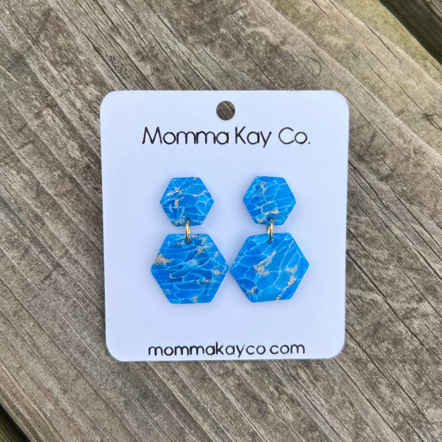 Blue Mica Marble Hex Dangle Polymer Clay Earrings