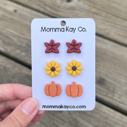 Autumn Stud Pack Fall Leaves Sunflowers Pumpkins Polymer Clay Earrings