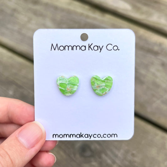 Green Mica Marble Heart Studs Polymer Clay Earrings