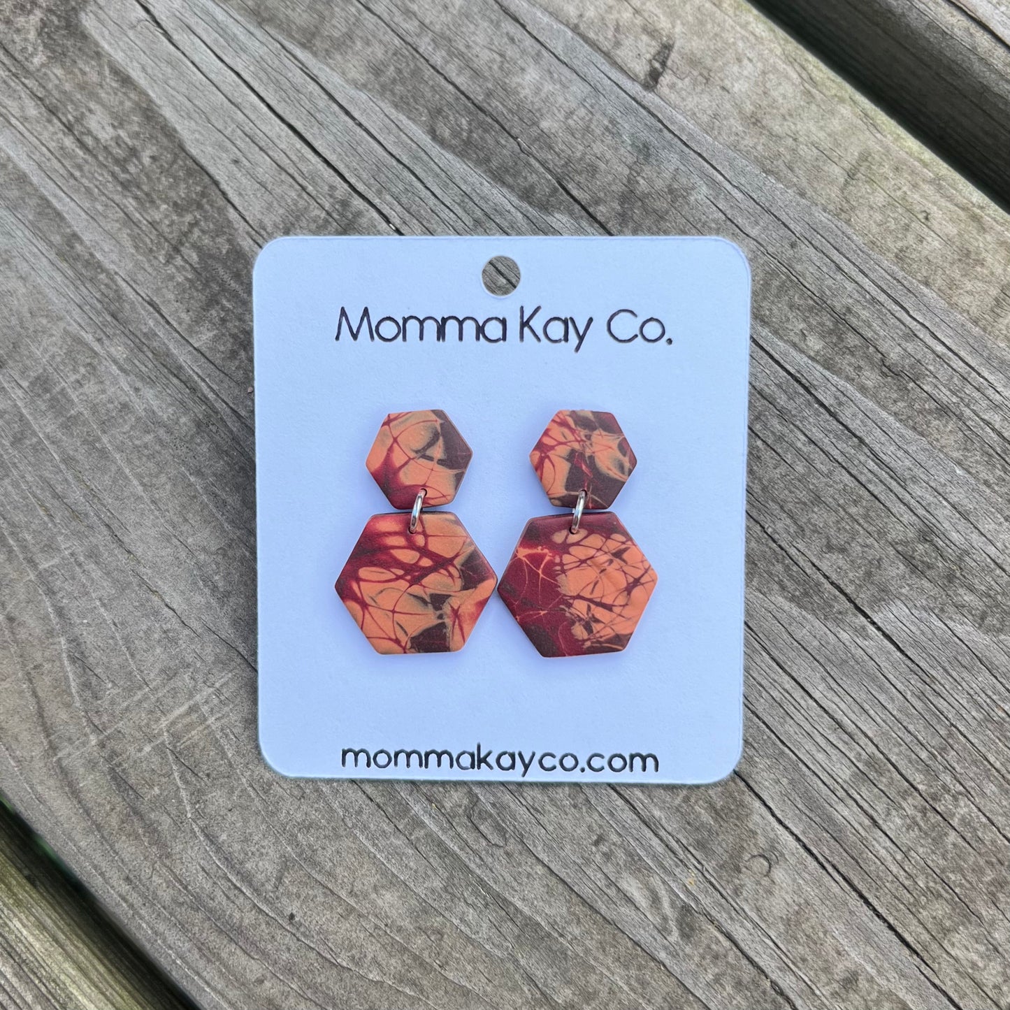 Colorful Fall Mokume Hex Dangles Polymer Clay Earrings