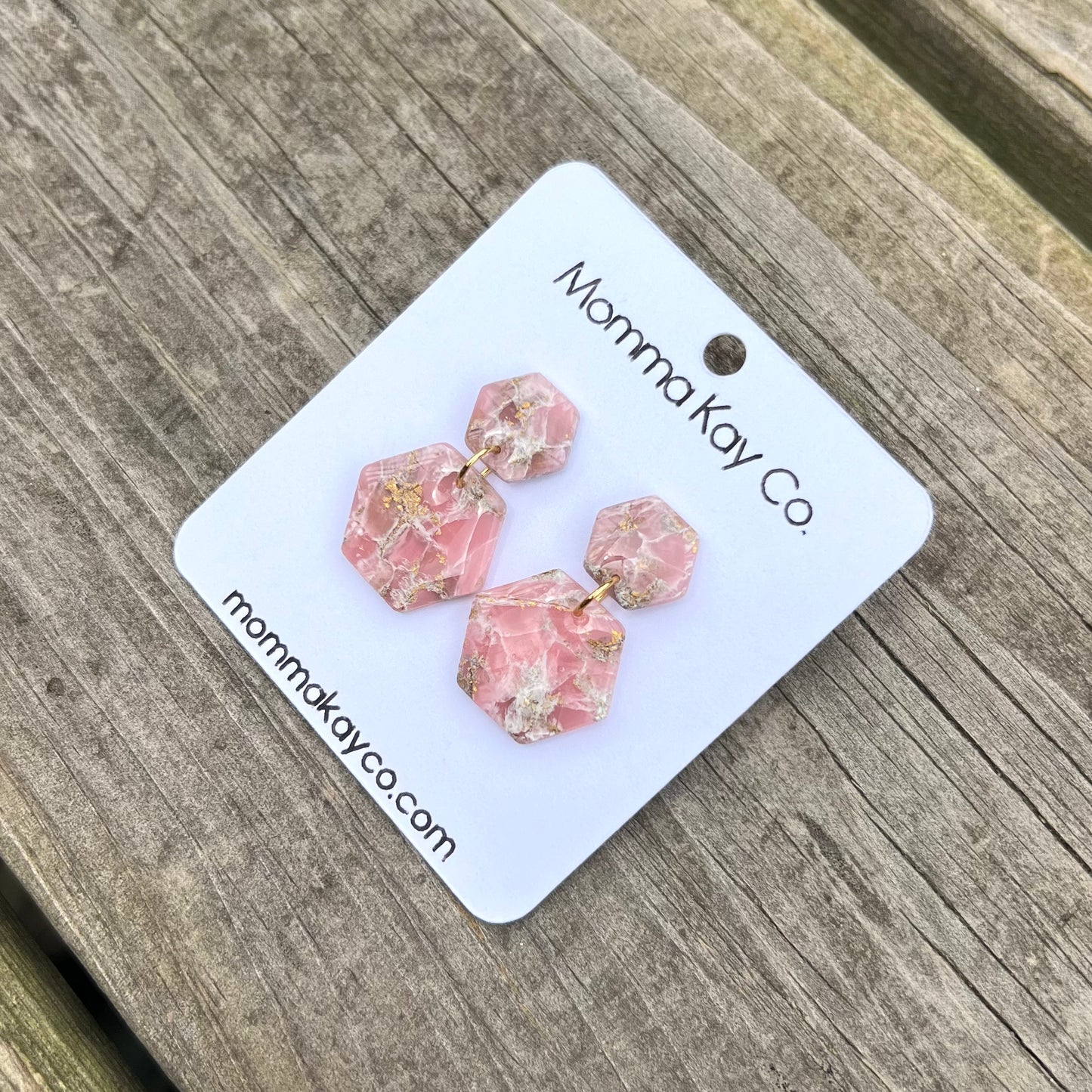 Pink Mica Marble Hex Dangle Polymer Clay Earrings