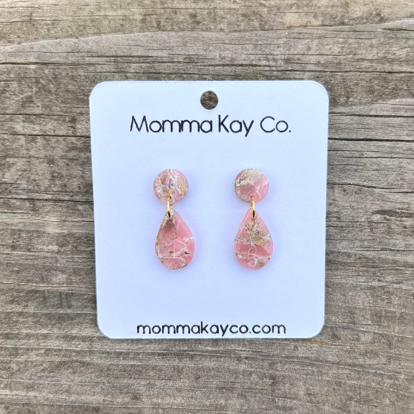 Pink Mica Marble Teardrop Dangles Polymer Clay Earrings