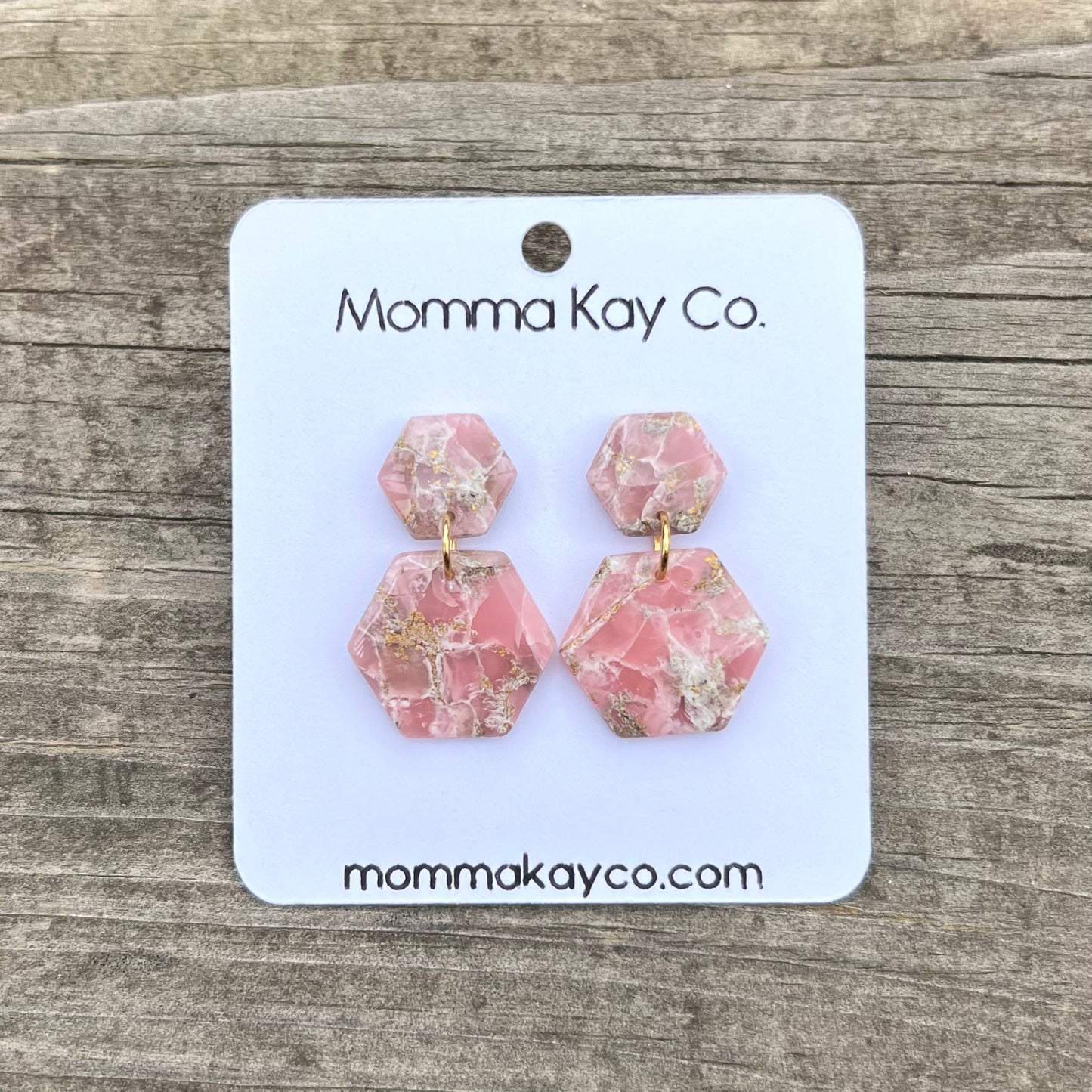 Pink Mica Marble Hex Dangle Polymer Clay Earrings