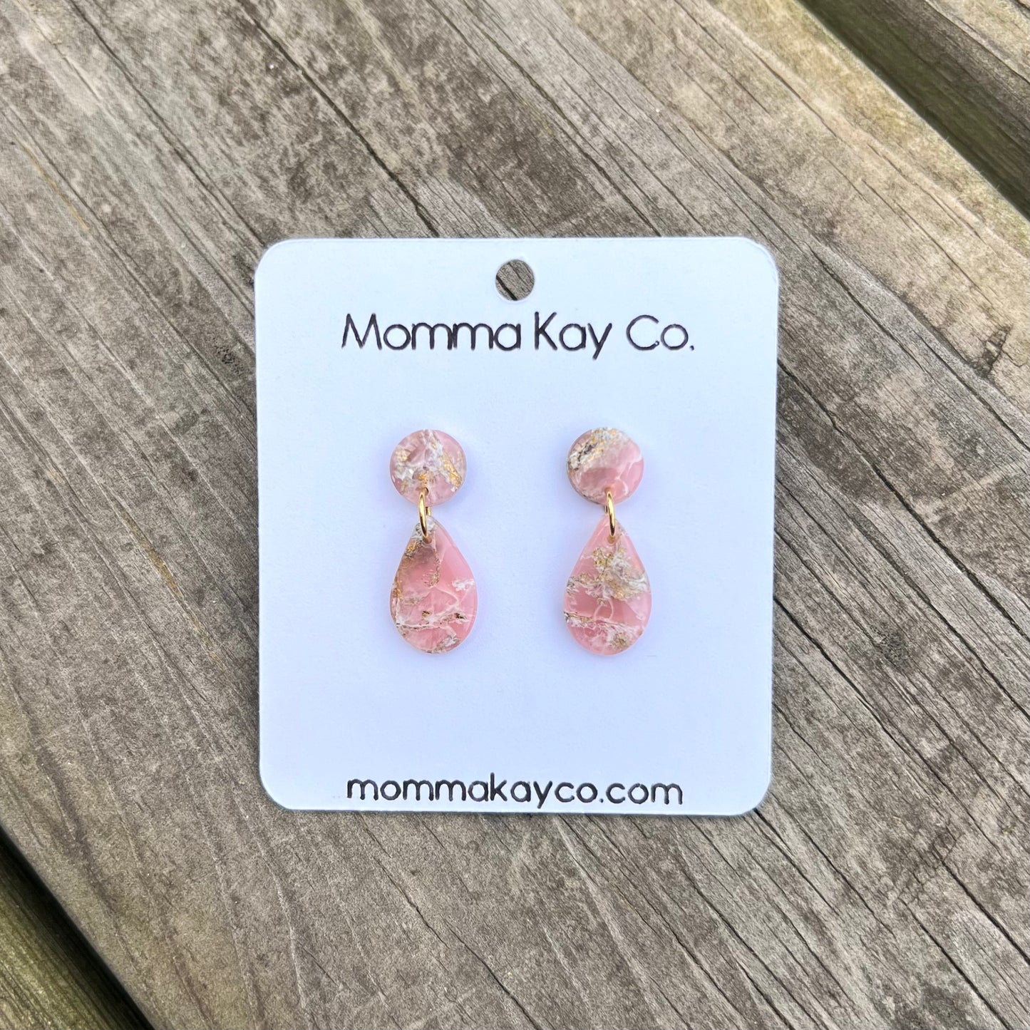 Pink Mica Marble Teardrop Dangles Polymer Clay Earrings