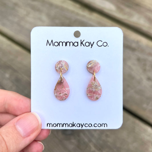 Pink Mica Marble Teardrop Dangles Polymer Clay Earrings