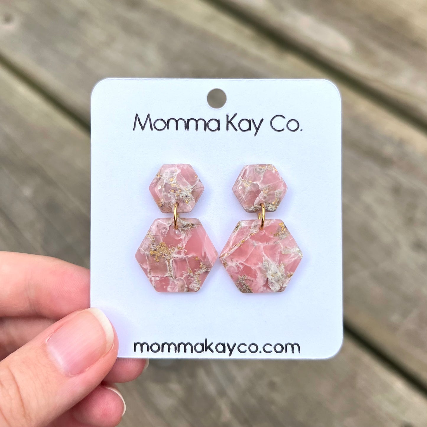 Pink Mica Marble Hex Dangle Polymer Clay Earrings