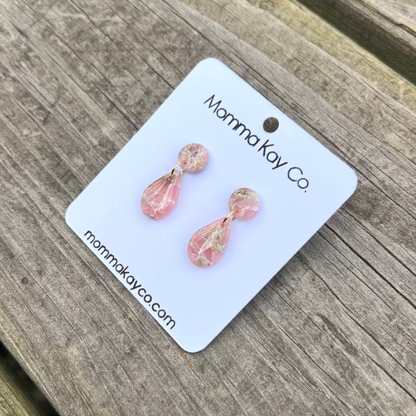 Pink Mica Marble Teardrop Dangles Polymer Clay Earrings