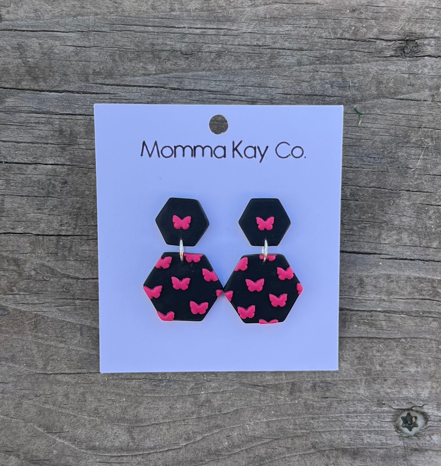 Hex Dangle Black With Hot Pink Butterflies Polymer Clay Earrings