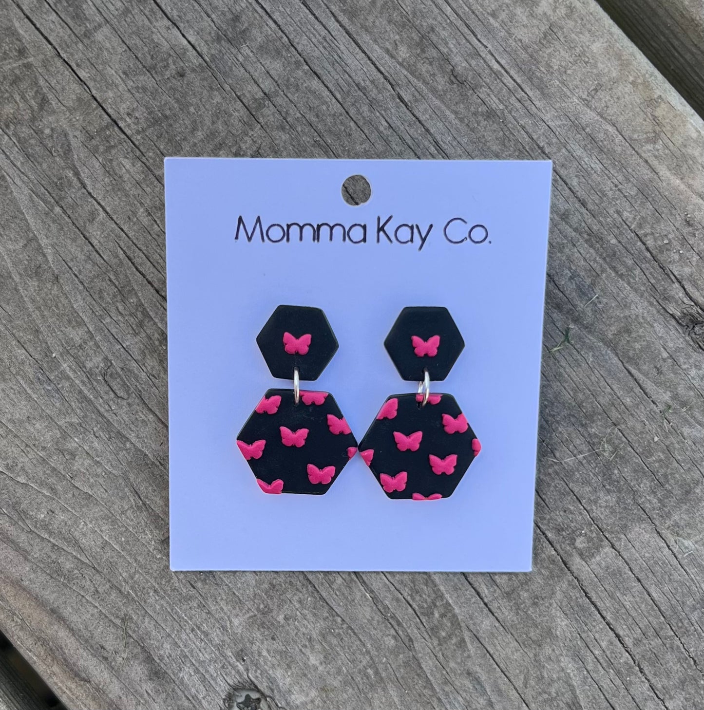 Hex Dangle Black With Hot Pink Butterflies Polymer Clay Earrings