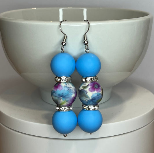 Blue Floral Silicone Beaded Earrings