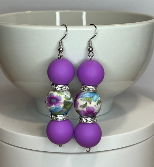 Purple Floral Silicone Beaded Earrings