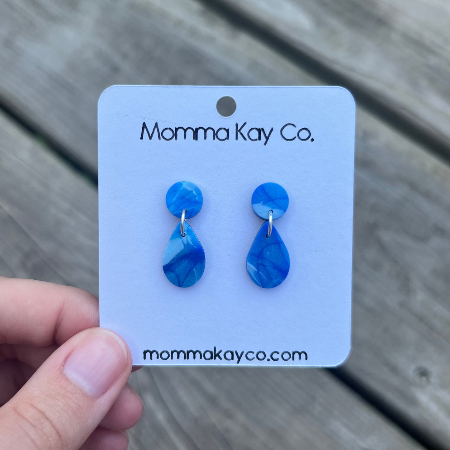 Blue And White Mokume Teardrop Dangles Polymer Clay Earrings