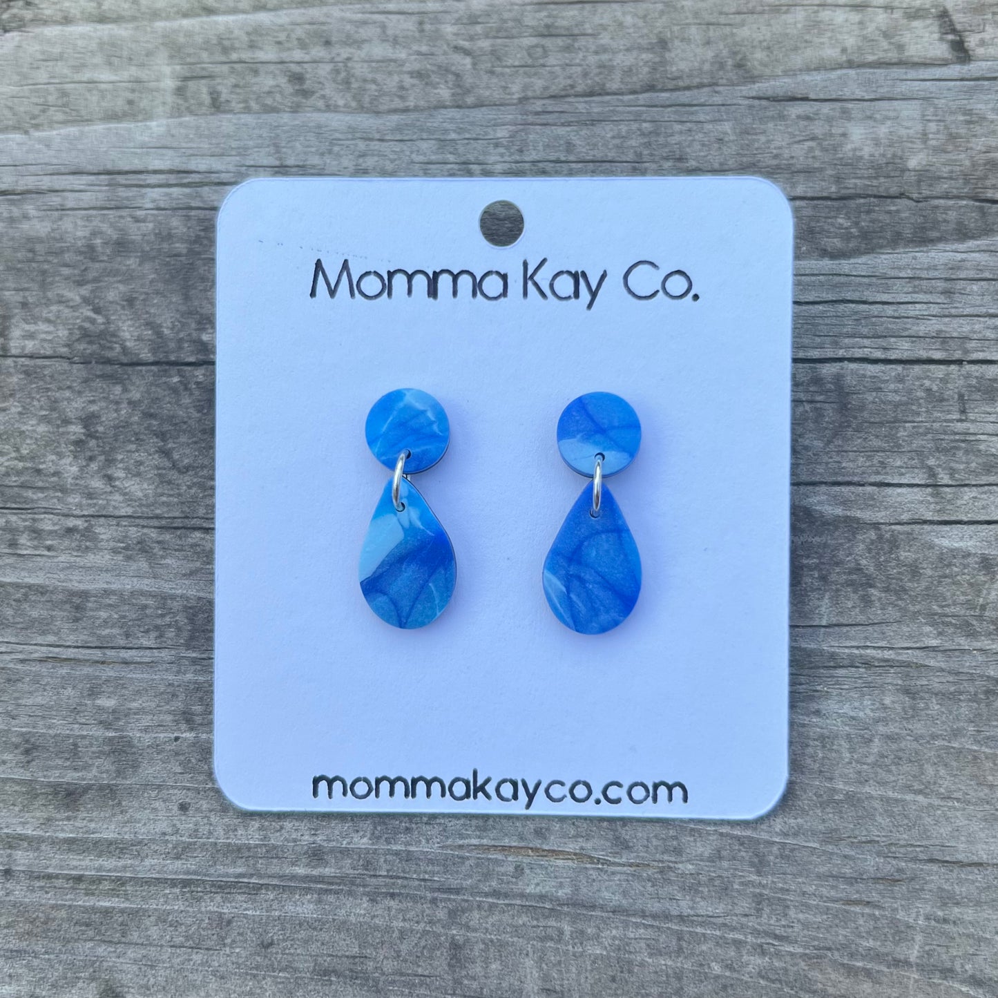 Blue And White Mokume Teardrop Dangles Polymer Clay Earrings