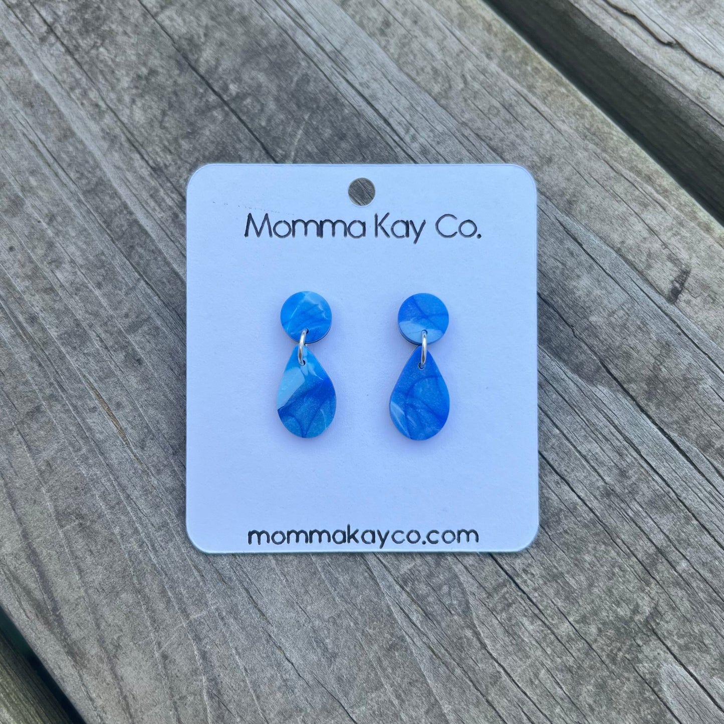 Blue And White Mokume Teardrop Dangles Polymer Clay Earrings