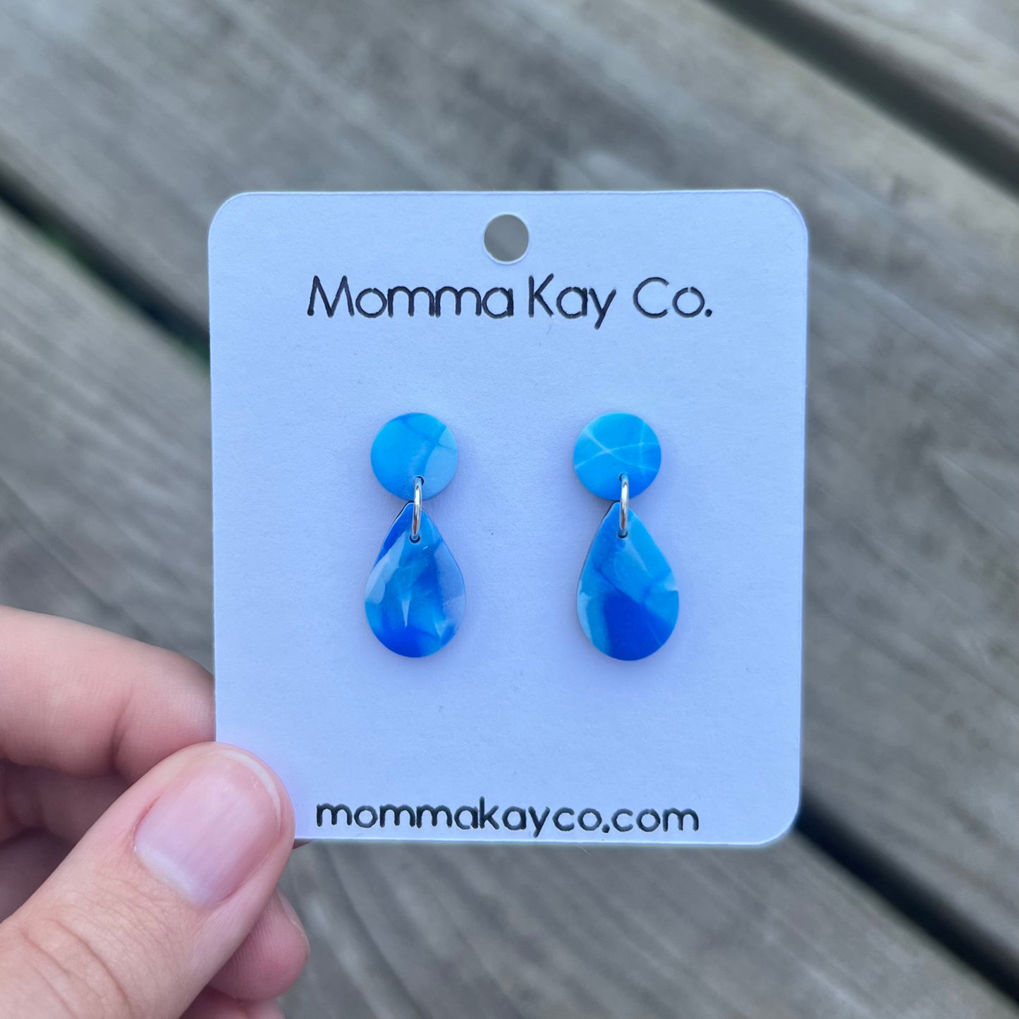 Blue And White Mokume Teardrop Dangles Polymer Clay Earrings