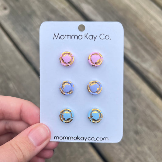 Gold Circle Border Studs Cotton Candy Cloud Collection Polymer Clay Earrings