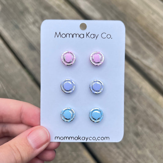 Silver Circle Border Studs Cotton Candy Cloud Collection Polymer Clay Earrings