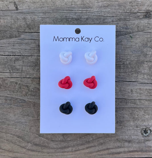 Knotted Stud Pack Basic White Red Black Polymer Clay Earrings