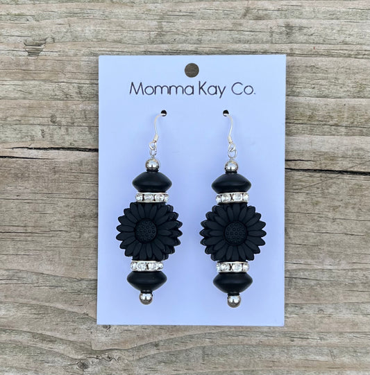 Black Sunflower Silicone Beaded Earrings (Long)