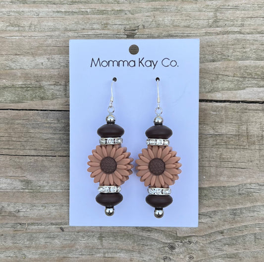 Brown Sunflower Silicone Beaded Earrings (Long)