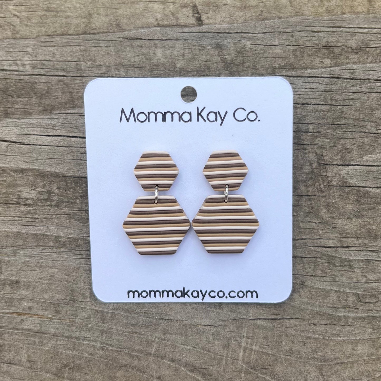 Neutral Fall Horizontal Stripes Hex Dangles Polymer Clay Earrings