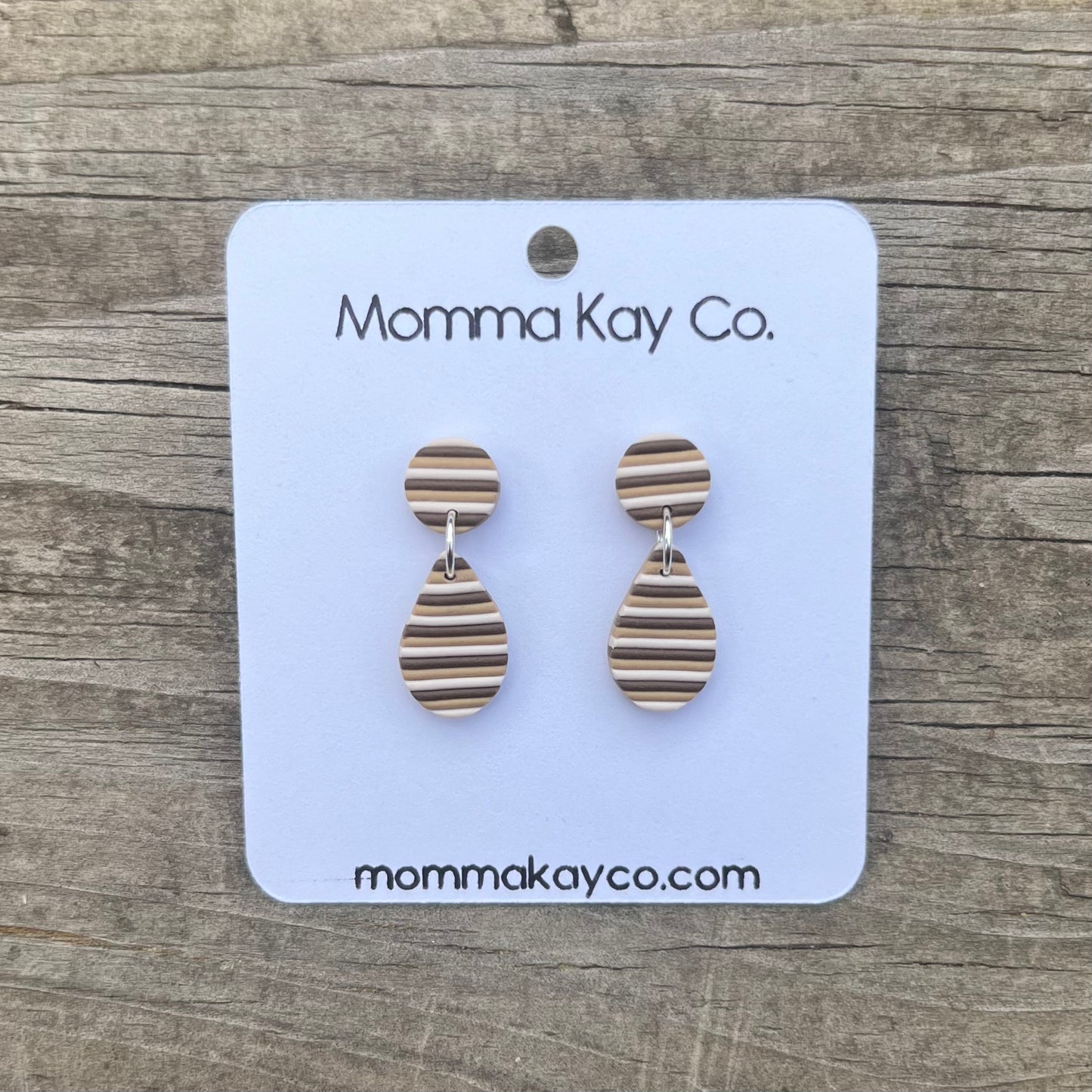 Neutral Fall Horizontal Stripes Teardrop Dangles Polymer Clay Earrings