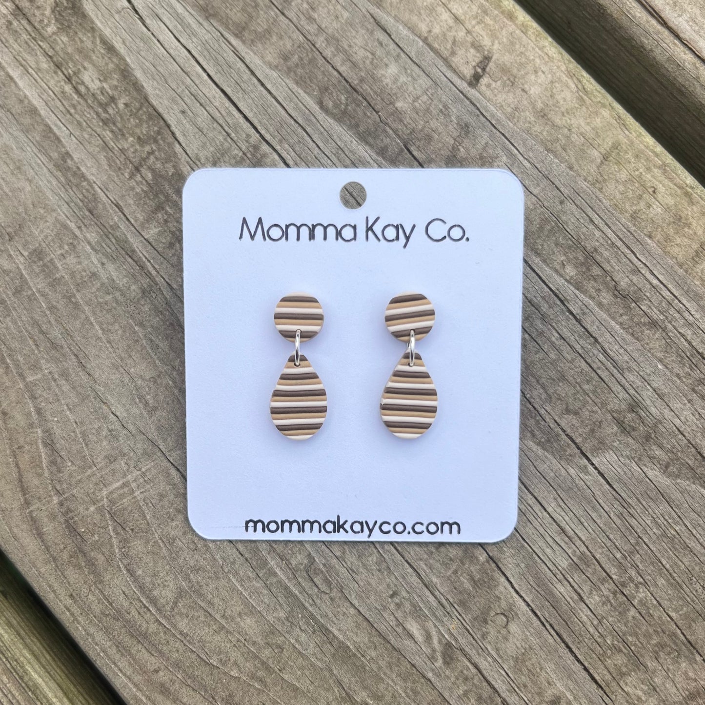 Neutral Fall Horizontal Stripes Teardrop Dangles Polymer Clay Earrings