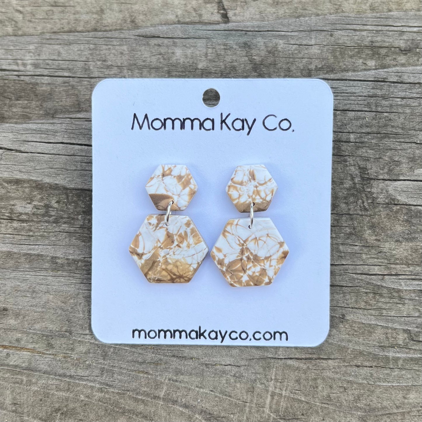 Neutral Fall Mokume Hex Dangles Polymer Clay Earrings