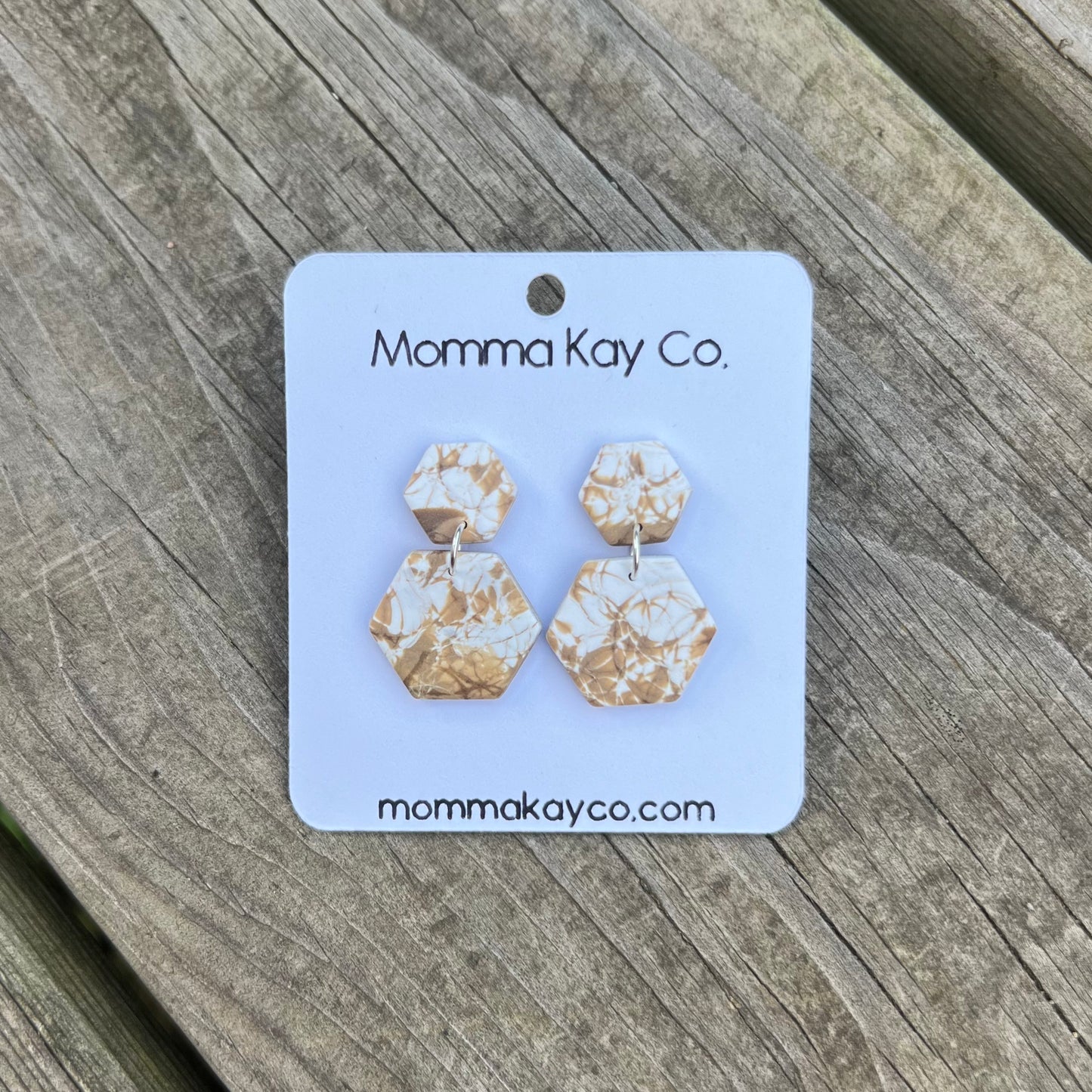 Neutral Fall Mokume Hex Dangles Polymer Clay Earrings