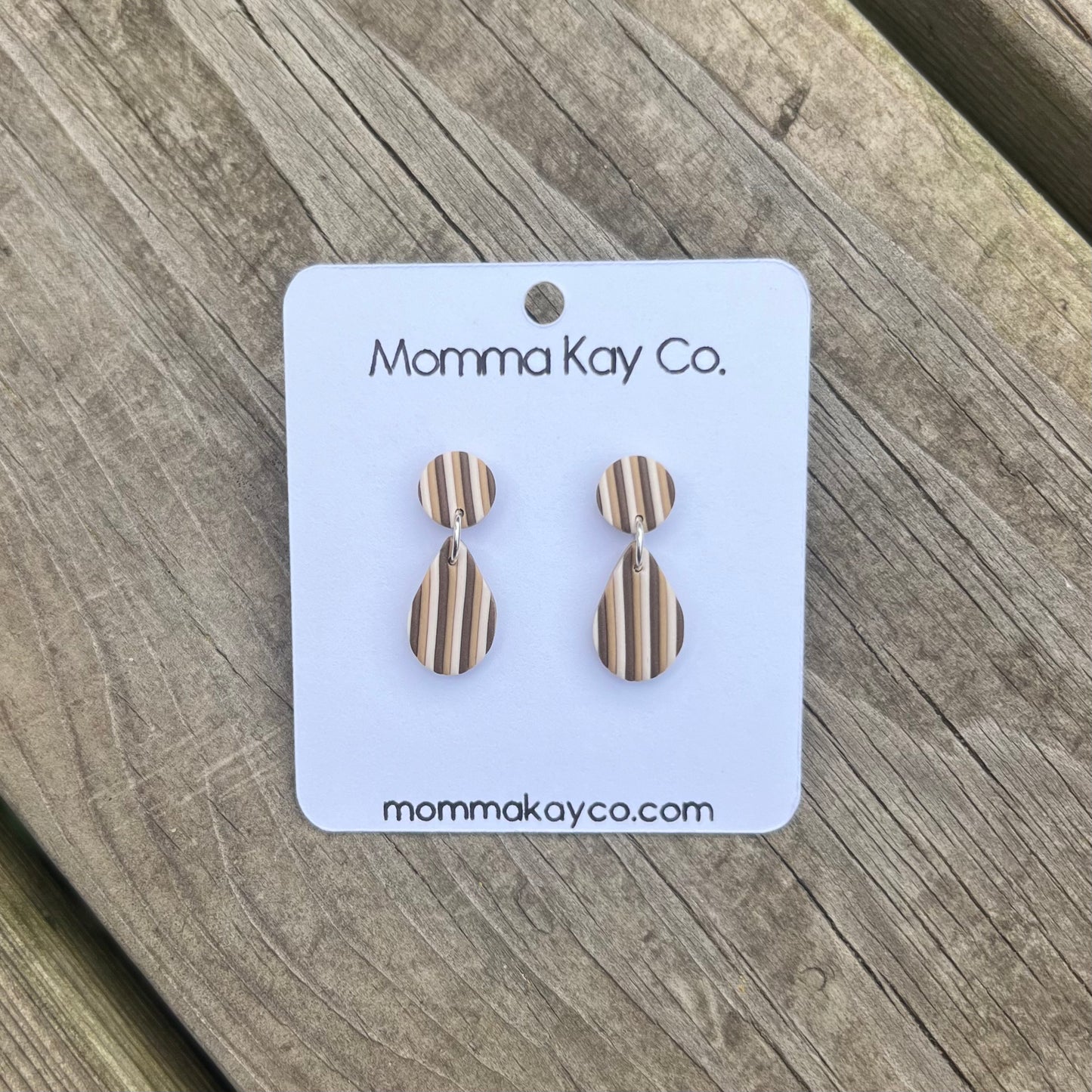 Neutral Fall Vertical Stripes Teardrop Dangles Polymer Clay Earrings